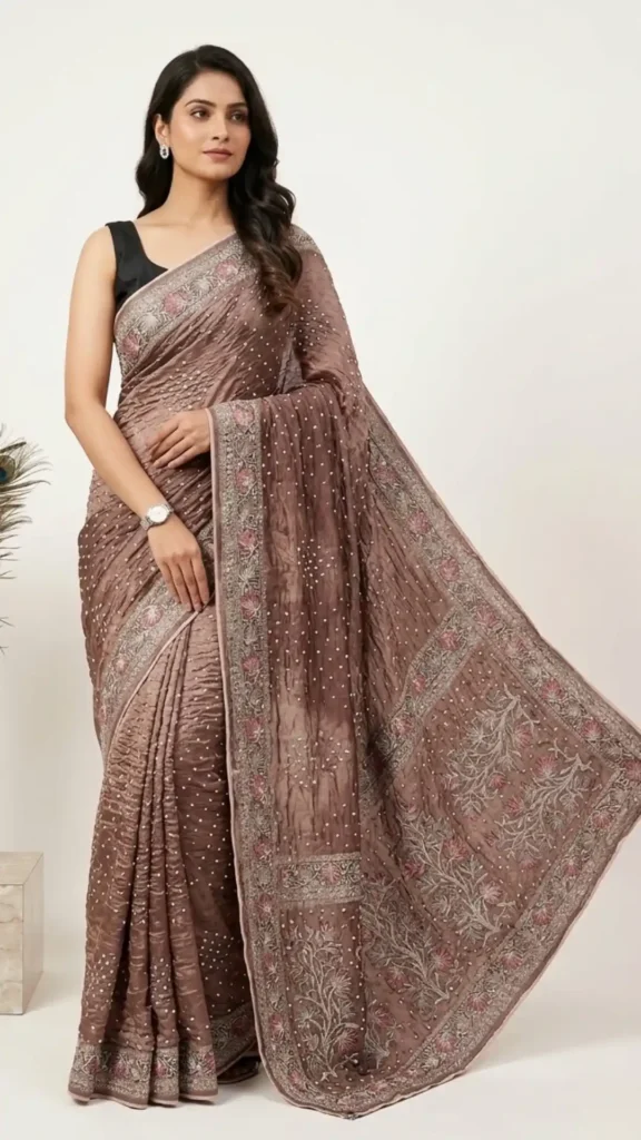 Brown Designer Bandhej Chikankari Saree