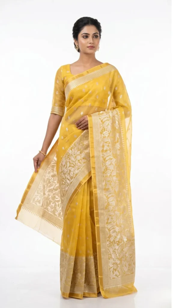 Sadhvi Yellow Embroidered Silk Saree