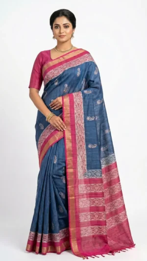 Electric Blue Pure Tussar Silk Saree