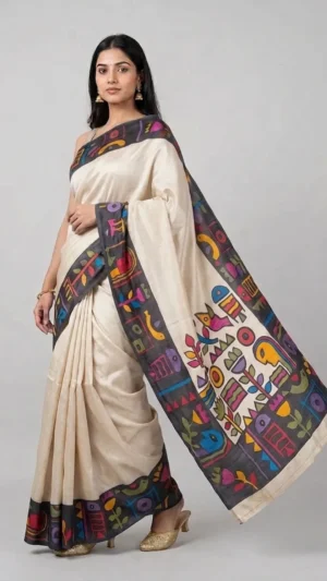 Tulika Abstract Handpainted Kantha Tussar Saree | 2026 Exclusive