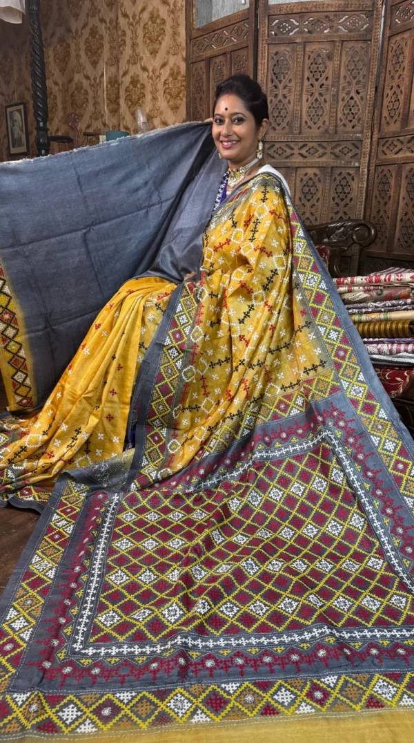 Festive Yellow Gujrati Embroidery Tussar Saree