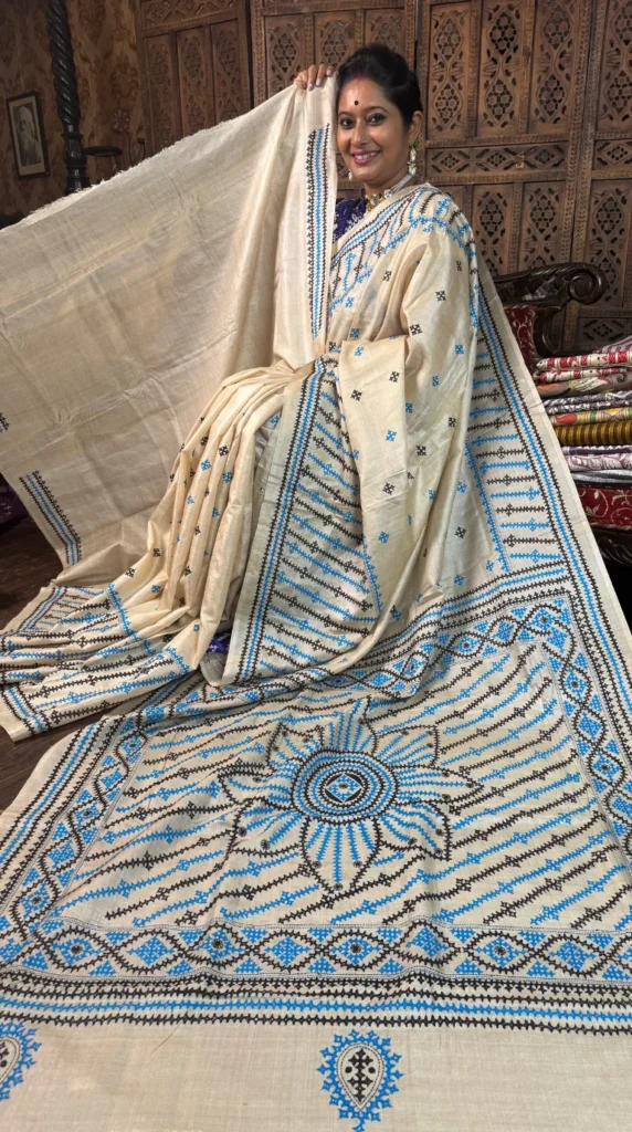 Natural Beige Tussar Saree with Gujrati Embroidery