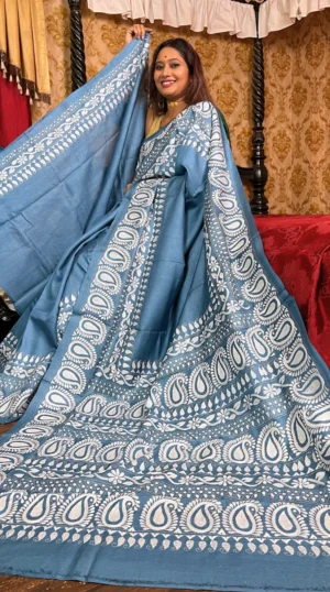 Kuheli Blue Pure Tussar Silk Kantha Embroidered Saree