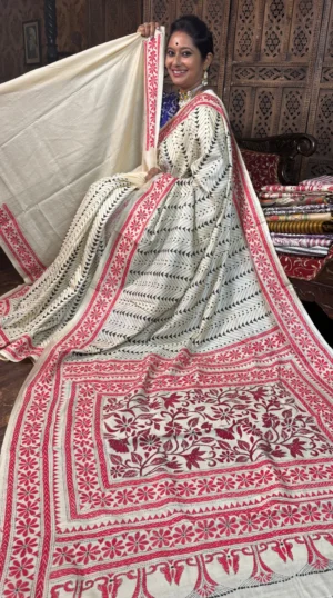 Vibrant Beige Pure Tussar Saree with Katha Embroidery