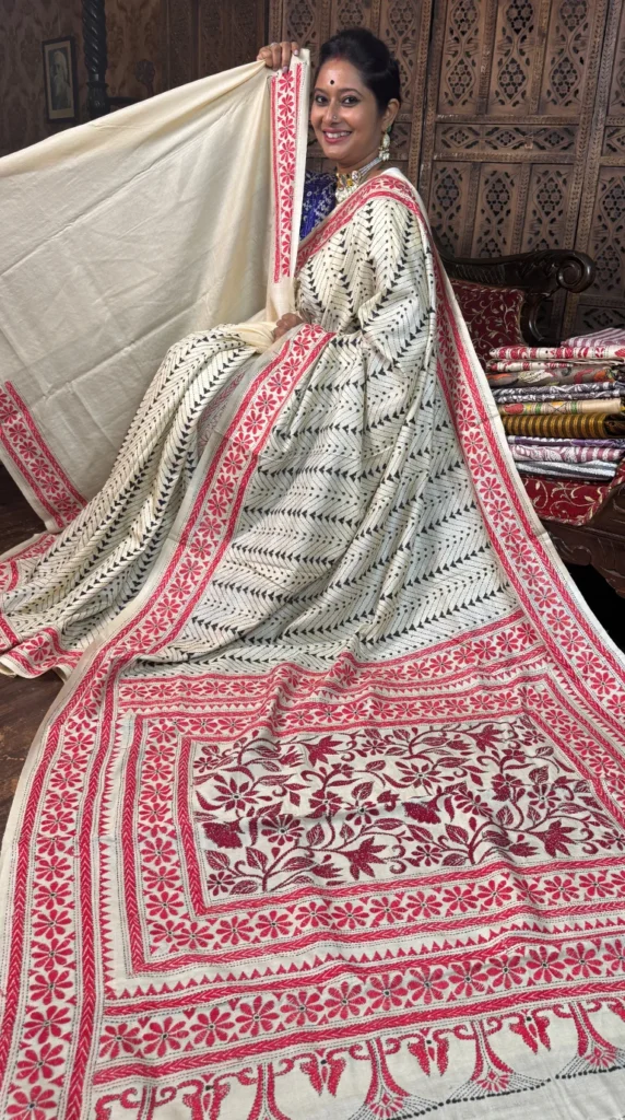Vibrant Beige Pure Tussar Saree with Katha Embroidery