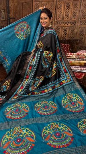 Vibrant Blue Pure Silk Saree with Katha Embroidery