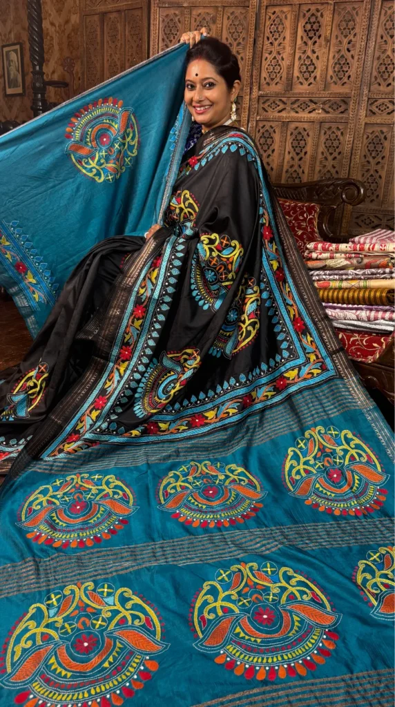 Vibrant Blue Pure Silk Saree with Katha Embroidery