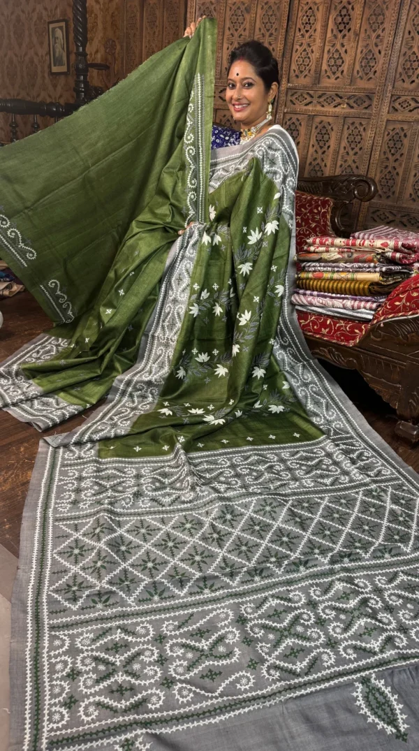 Fusion Green Gujrati and Katha Embroidery Tussar Saree