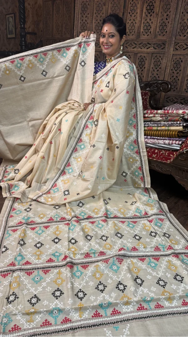 Beige Gujrati Embroidery Tussar Saree