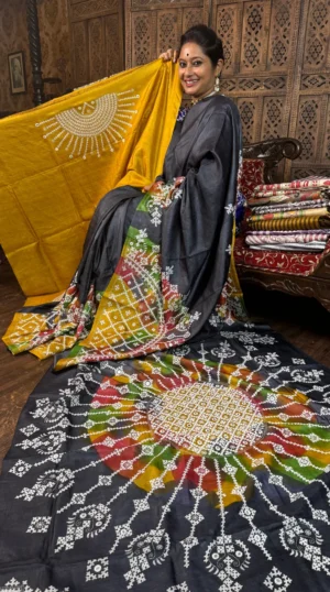 Black Gujrati Embroidery Tussar Saree