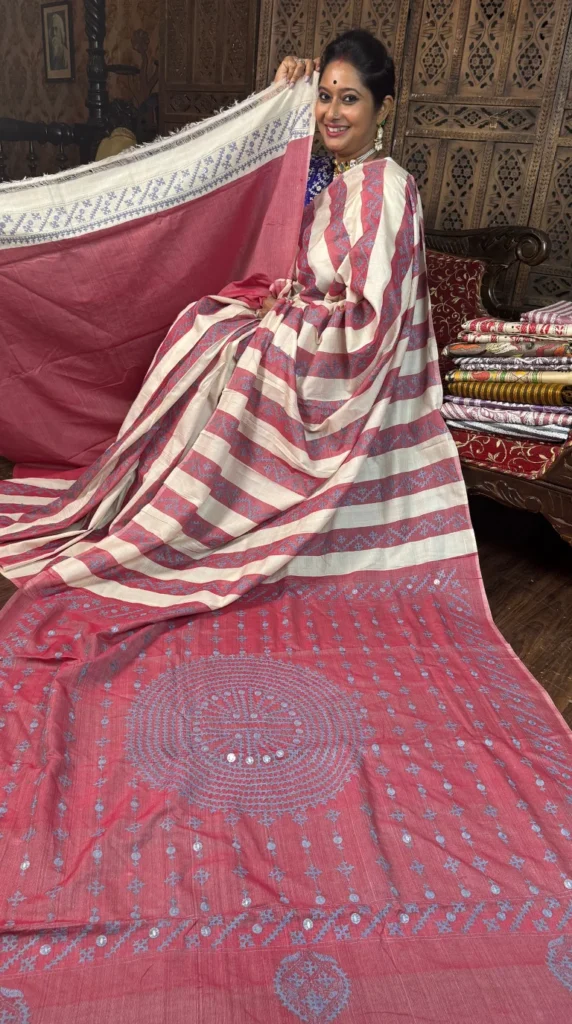 Kanika Pink Gujrati Embroidered Tussar Saree