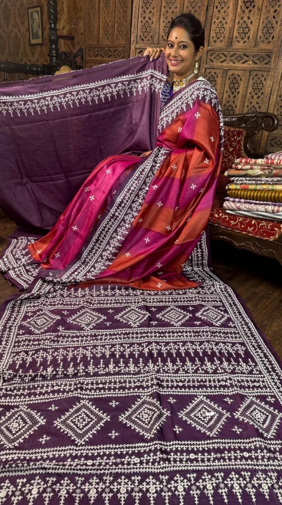 Vibrant Purple Pure Tussar Saree with Gujrati Embroidery