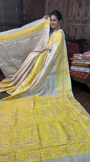 Natural Beige Tussar Saree with Katha Embroidery
