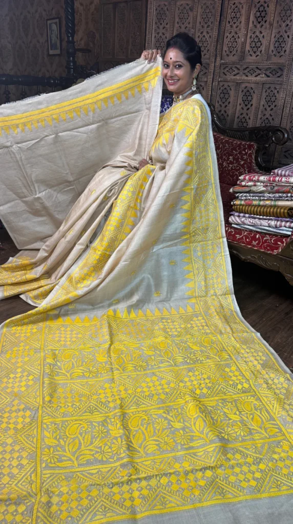 Natural Beige Tussar Saree with Katha Embroidery