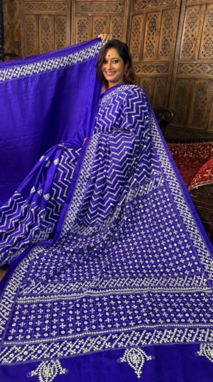 Electric Blue Gujrati Embroidered Silk Saree