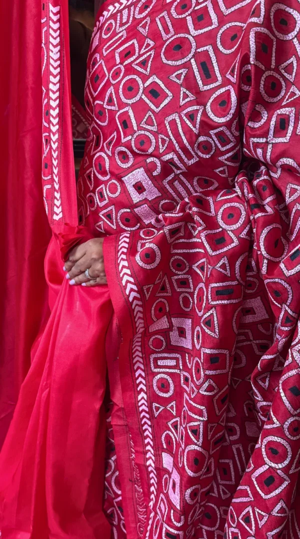 Abstract Red Kantha Embroidered Bangalore Silk Saree