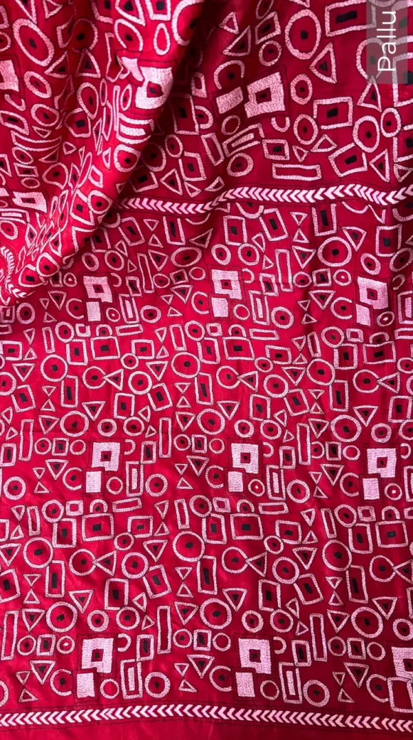 Abstract Red Kantha Embroidered Bangalore Silk Saree
