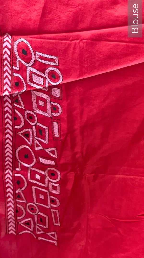 Abstract Red Kantha Embroidered Bangalore Silk Saree