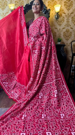 Abstract Red Kantha Embroidered Bangalore Silk Saree