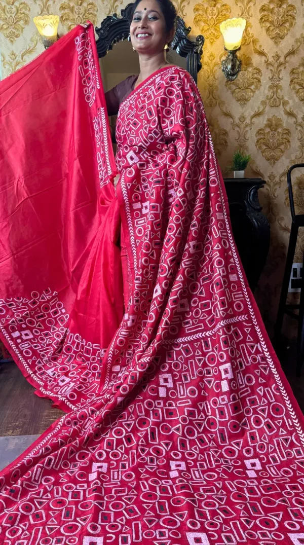 Abstract Red Kantha Embroidered Bangalore Silk Saree