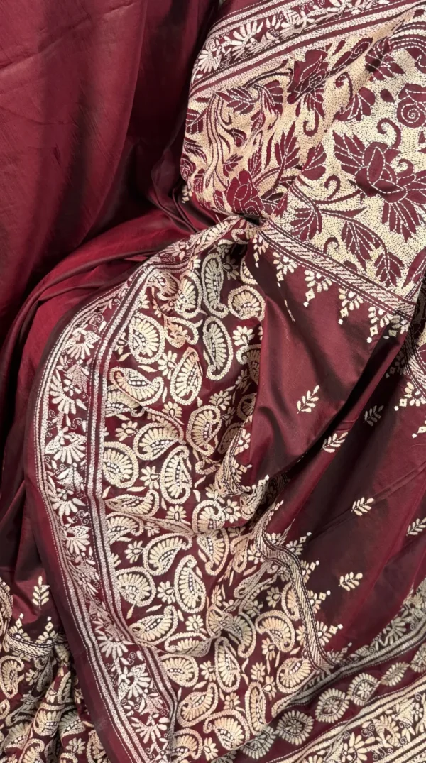 Vivid Maroon Kantha Embroidered Bangalore Silk Saree