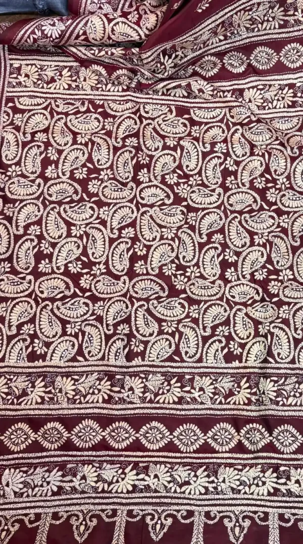 Vivid Maroon Kantha Embroidered Bangalore Silk Saree