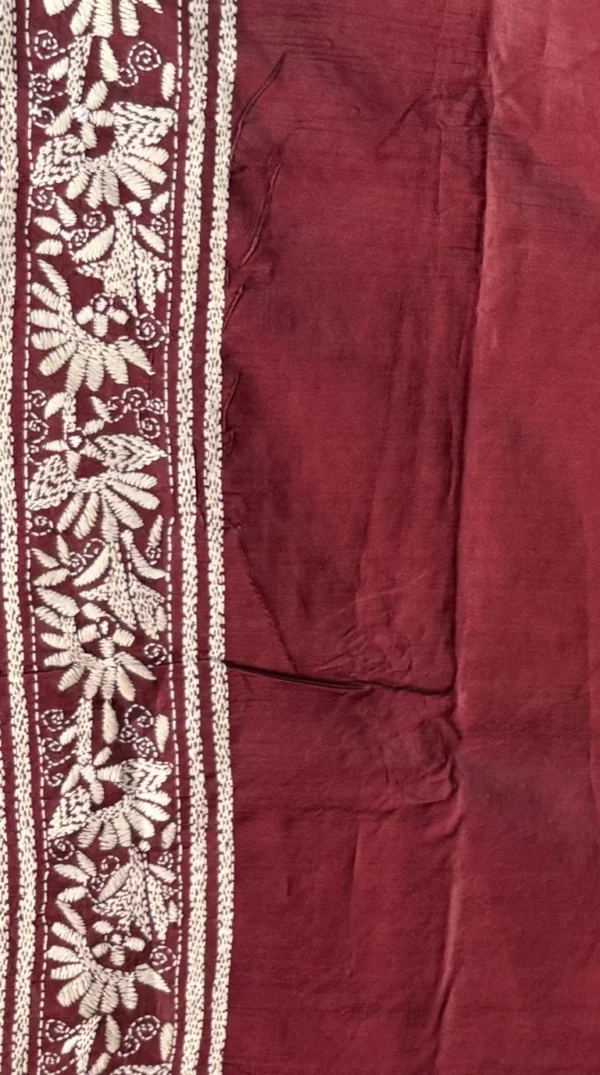 Vivid Maroon Kantha Embroidered Bangalore Silk Saree