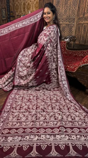 Vivid Maroon Kantha Embroidered Bangalore Silk Saree