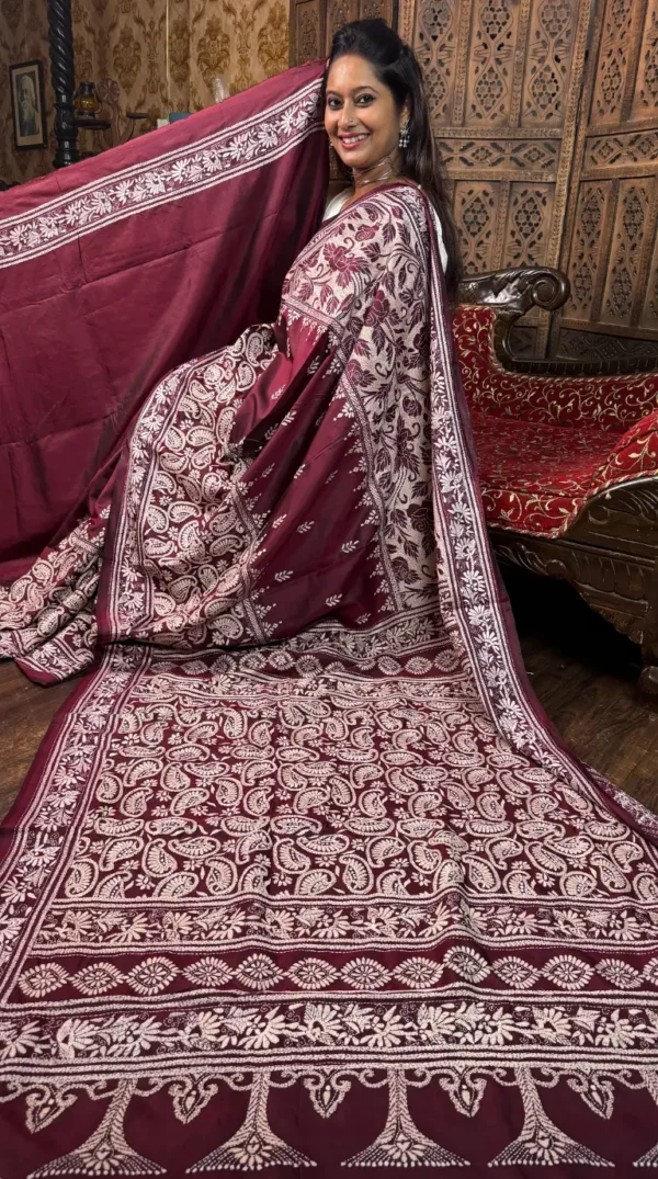Vivid Maroon Kantha Embroidered Bangalore Silk Saree