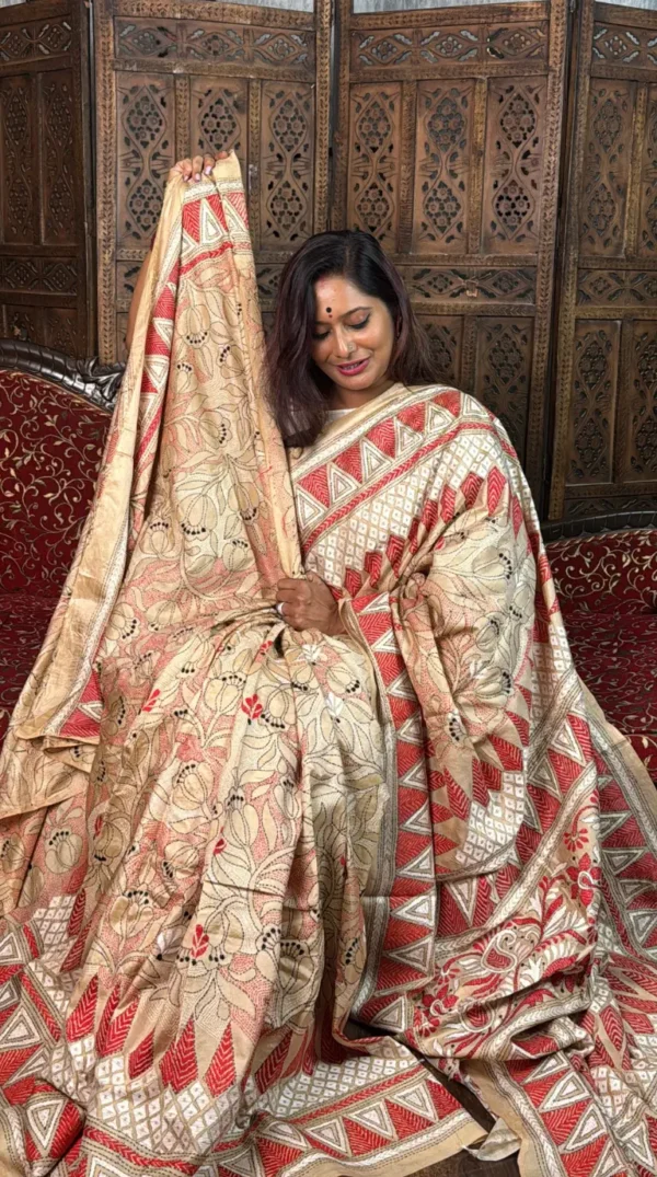 Festive Chic Pure Tussar Silk Kantha Embroidered Saree