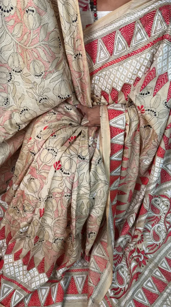 Festive Chic Pure Tussar Silk Kantha Embroidered Saree