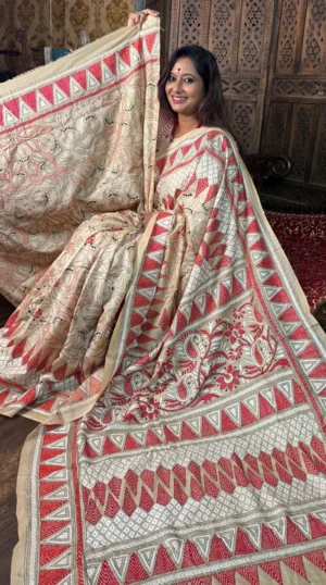 Festive Chic Pure Tussar Silk Kantha Embroidered Saree
