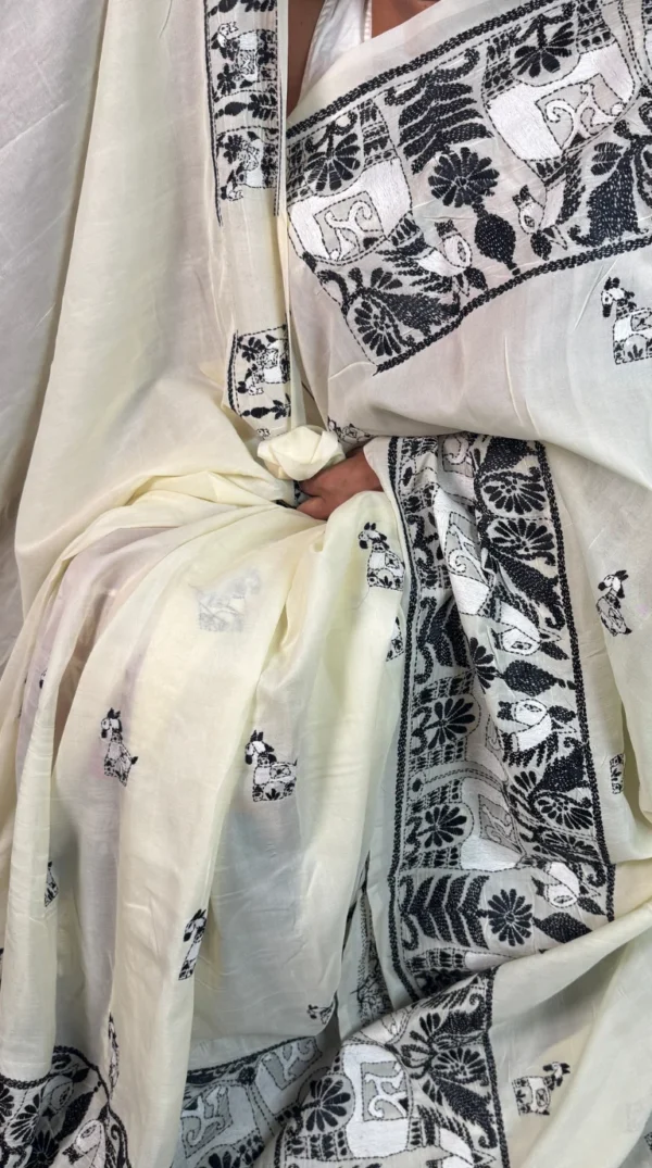 Scenic Beige Pure Tussar Silk Kantha Embroidered Saree