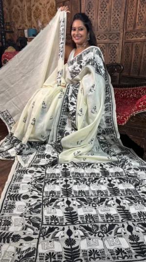 Scenic Beige Pure Tussar Silk Kantha Embroidered Saree