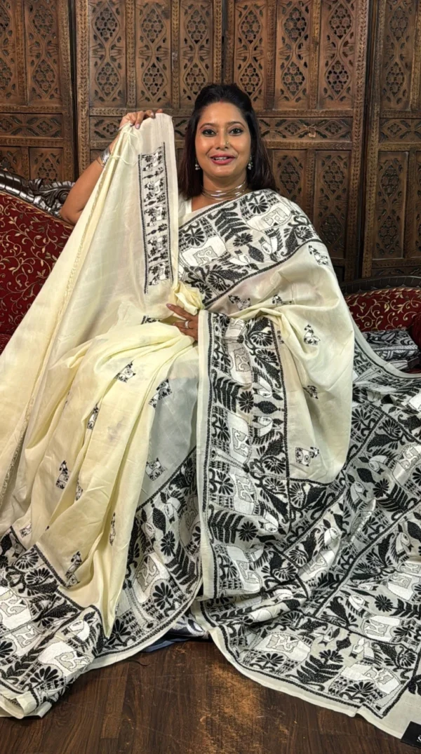 Scenic Beige Pure Tussar Silk Kantha Embroidered Saree