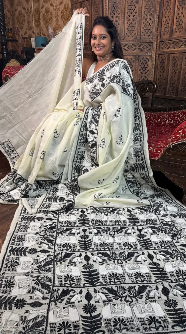 Scenic Beige Pure Tussar Silk Kantha Embroidered Saree