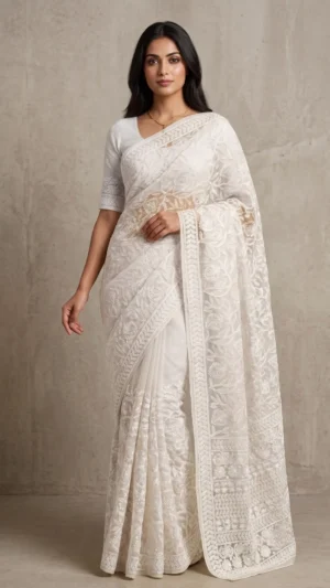 Yazmin White Pure Georgette Chikankari Saree