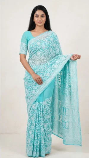 Sheila Blue Pure Georgette Chikankari Saree