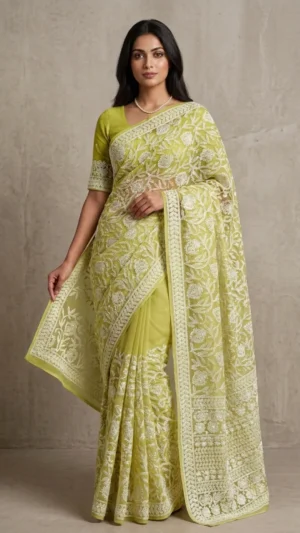Rahzia Olive Pure Georgette Chikankari Saree