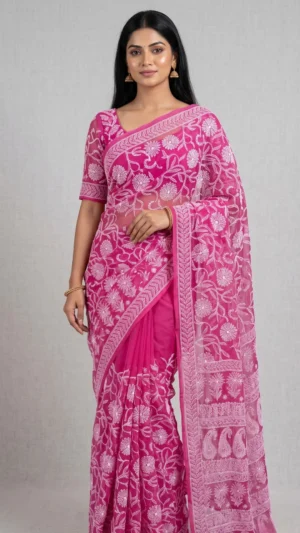 Rukhsaar Pink Pure Georgette Chikankari Saree