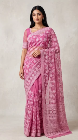 Meher Pink Pure Georgette Chikankari Saree
