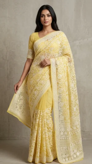 Gulnaaz Yellow Pure Georgette Chikankari Saree