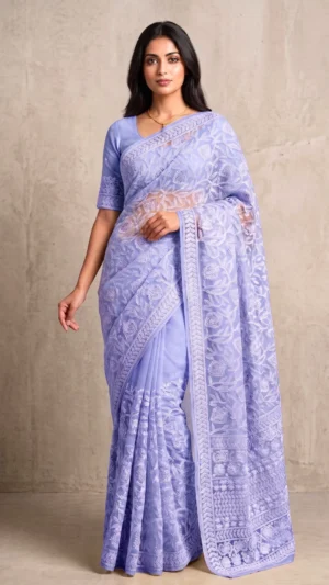 Afreen Lilac Pure Georgette Chikankari Saree