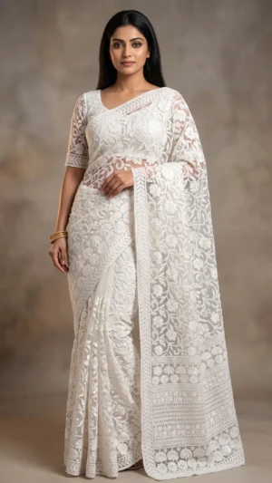 Zaria White Pure Georgette Chikankari Saree