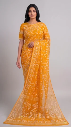 Rhea Yellow Pure Cotton Jamdani Saree