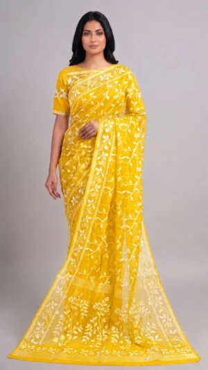 Torsha Yellow Pure Cotton Jamdani Saree