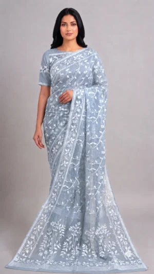 Koyal Blue Pure Cotton Jamdani Saree