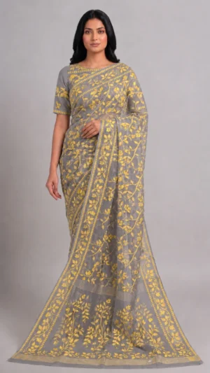 Chinmayi Grey Pure Cotton Jamdani Saree