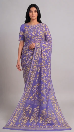 Shefali Violet Pure Cotton Jamdani Saree
