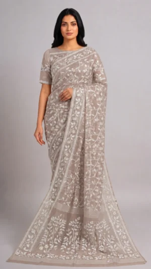Tista Grey Pure Cotton Jamdani Saree